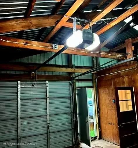 Interior of a rustic garage with exposed beams, metal wall panels, and an open door letting in daylight