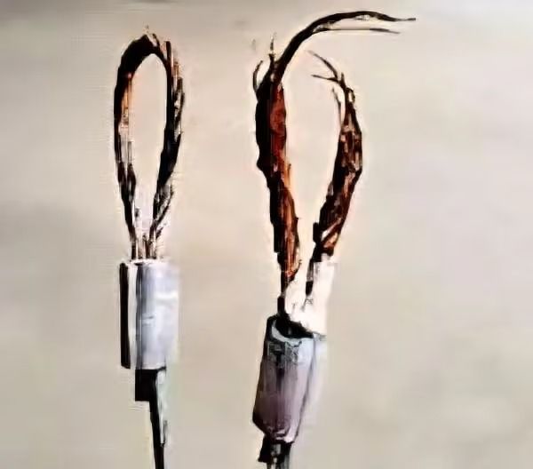 Two exposed copper wire ends with taped white connectors on a plain background