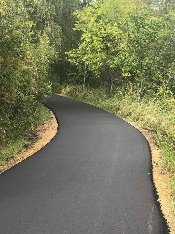 A smooth, freshly paved black asphalt path curves through a lush green forest on a sunny day. A paved, curved trail winds through a lush, green forest on a bright day.
