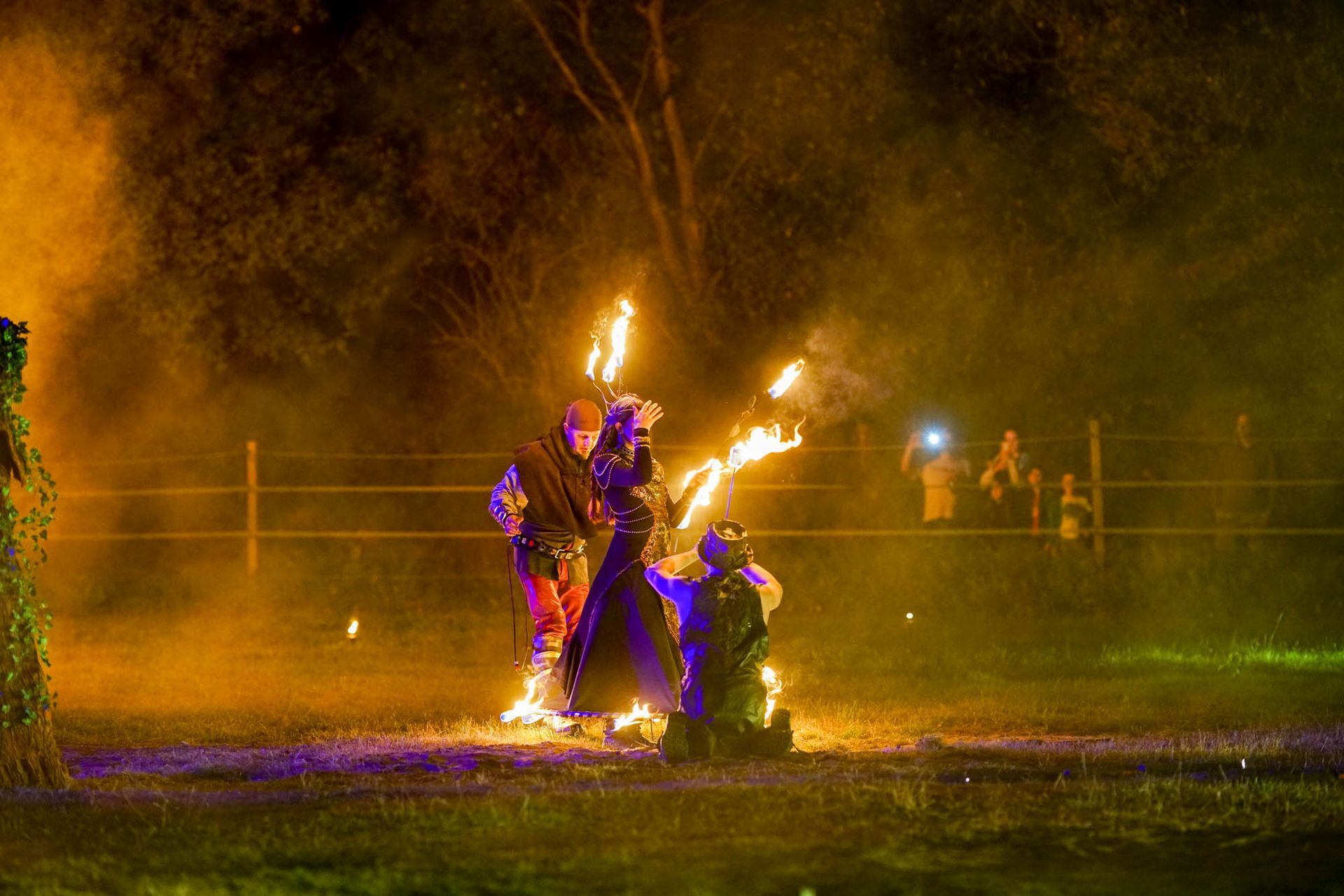 Nächtliche Feuershow auf einer Wiese, bei der zwei Künstler von orangefarbenen Flammen und violettem Licht erleuchtet werden.