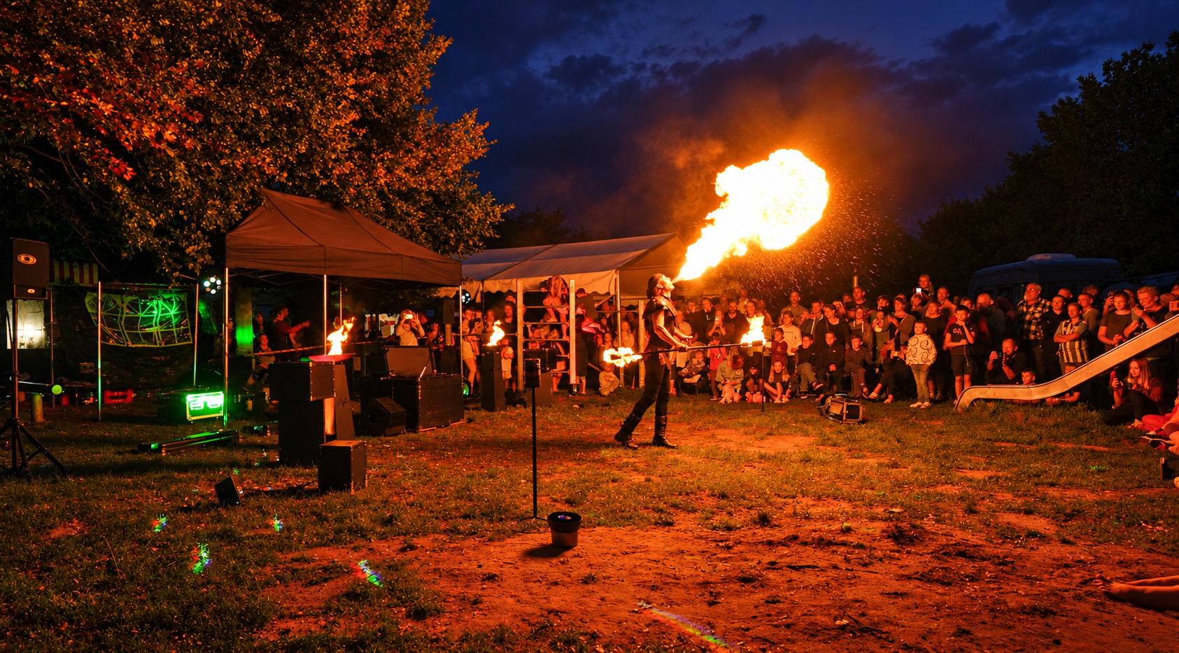 Nächtliche Feuershow im Freien in einem Park: Ein Künstler speit vor einer Menschenmenge Feuer.