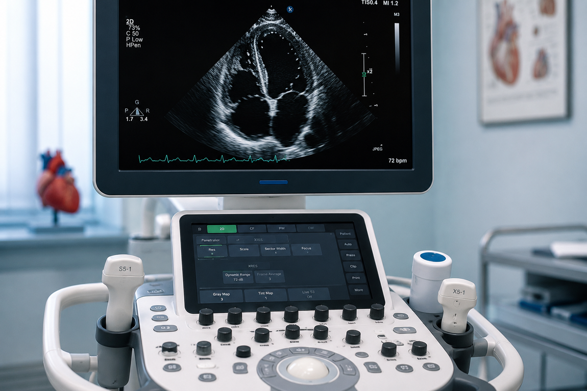 Apparecchio ecografico che mostra una scansione cardiaca in una stanza di una clinica.