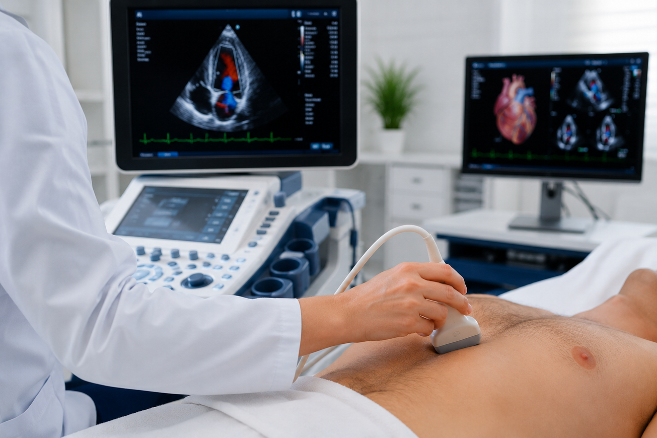 Un medico esegue un'ecografia all'addome di un paziente in una sala visite clinica.