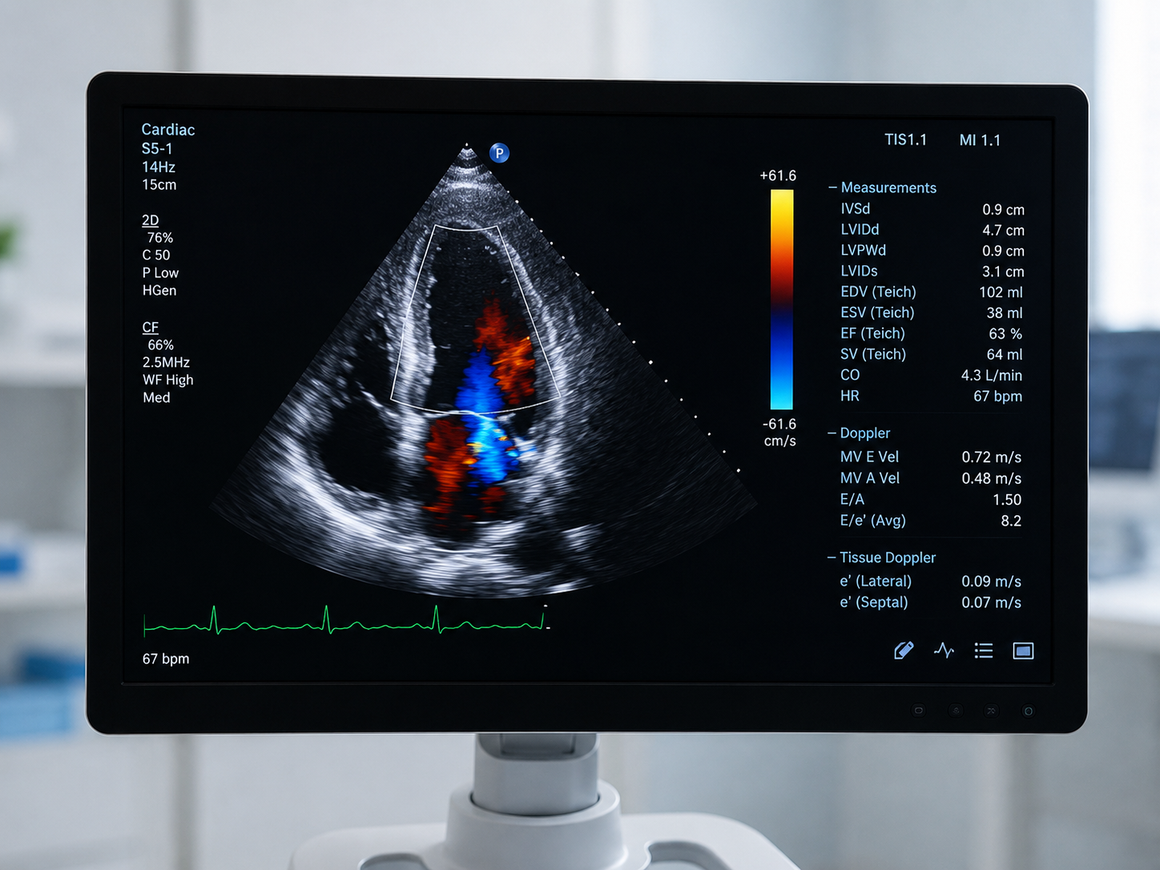 Monitor a ultrasuoni che mostra una scansione cardiaca con i colori rosso e blu del flusso sanguigno Doppler.