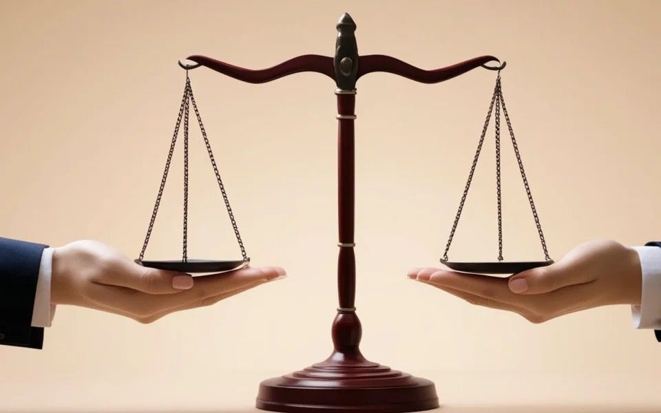Two hands balancing a scale of justice against a beige background