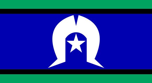 A blue and green flag with a white horseshoe and a star on it.