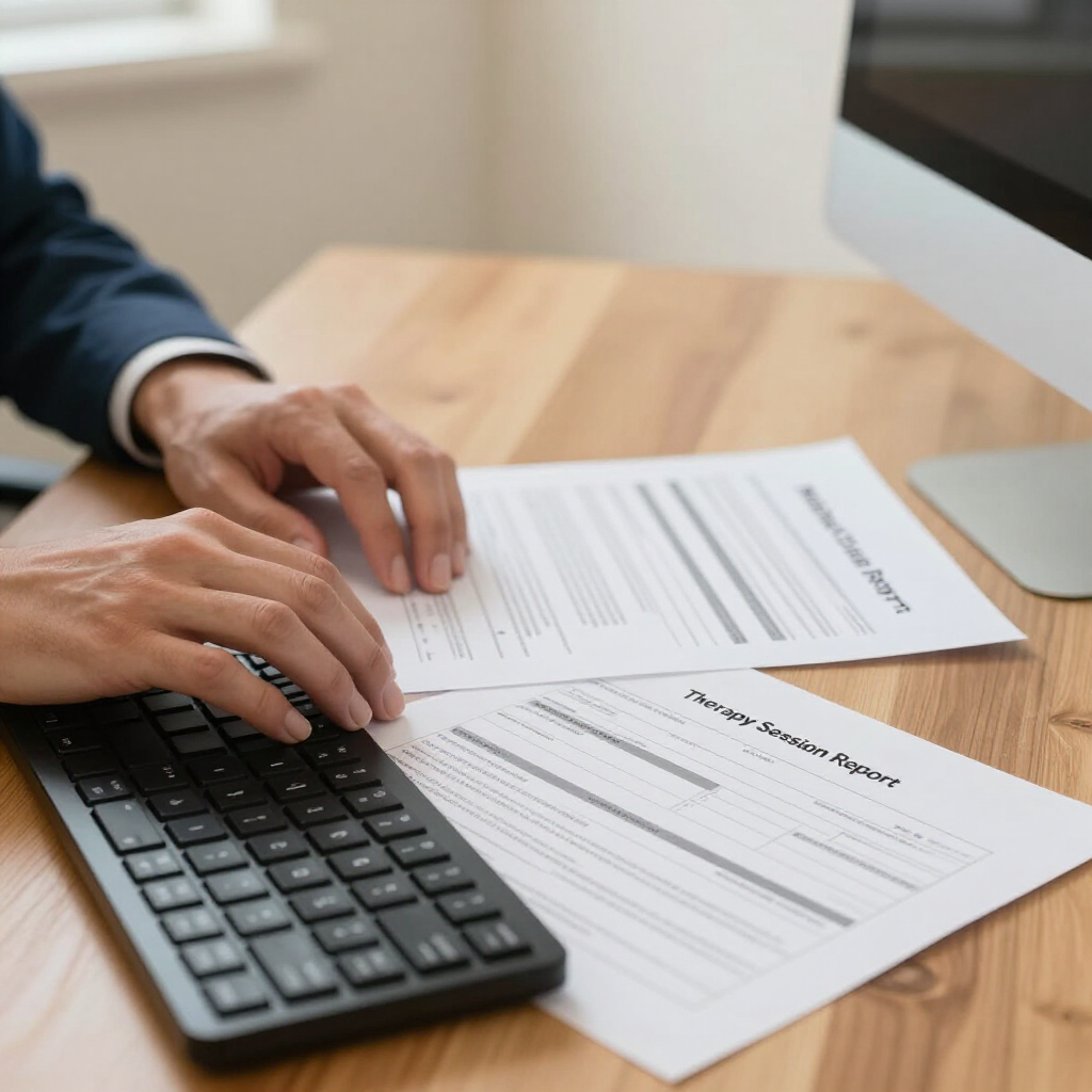 Hands filling out forms at a desk with a calculator and keyboard.