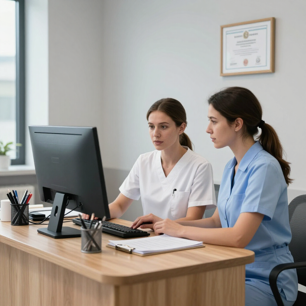 Two nurses reviewing a computer in a bright clinic office