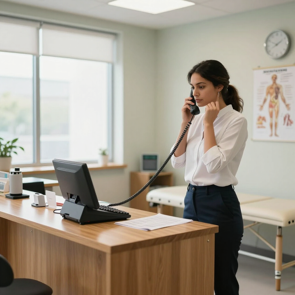 Woman in a clinic reception area speaking on a phone behind a wooden desk, with exam room in the background
