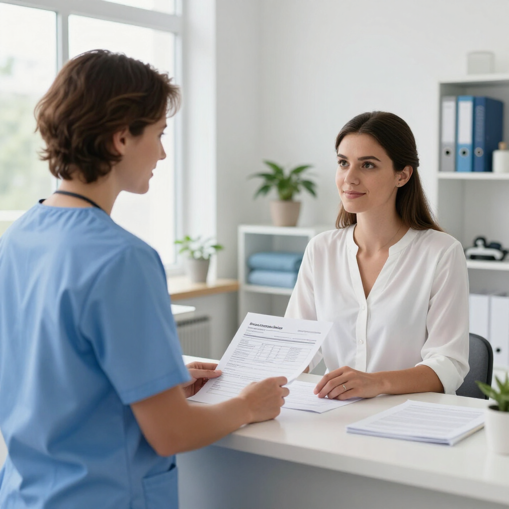 Doctor consulting with a patient at a desk in a bright clinic office.