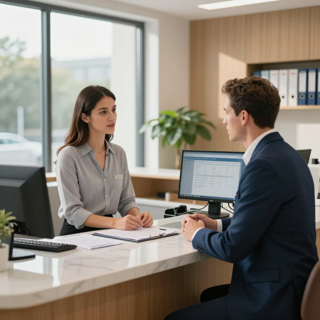 Two colleagues discussing documents at a desk in a modern office, with a computer monitor nearby