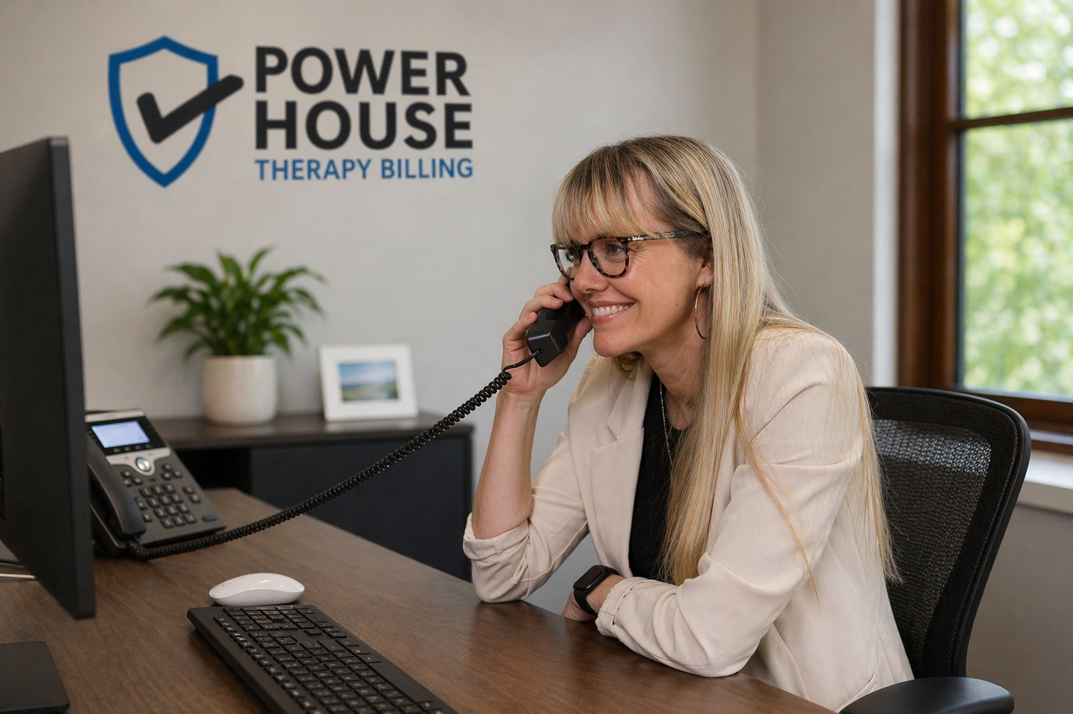 Woman smiling on a phone in an office at a desk with a keyboard and computer monitor.