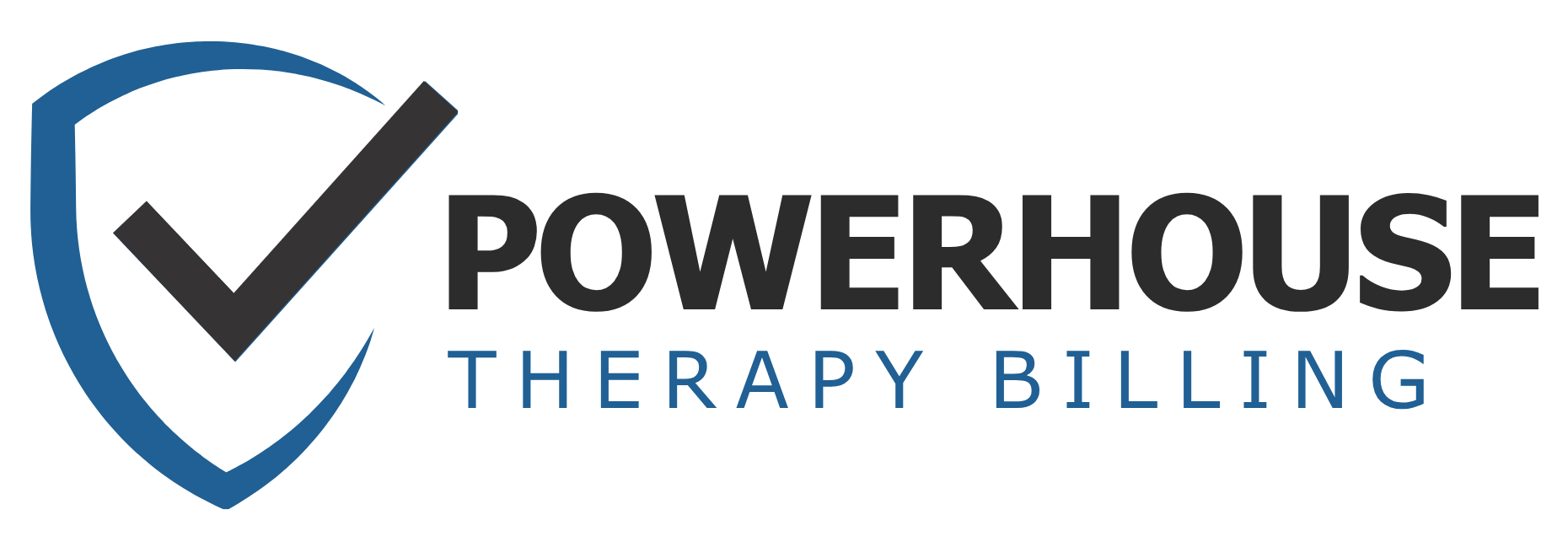 Power House Therapy Billing logo with blue shield and black checkmark beside bold black and blue text