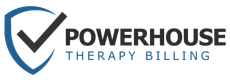 Power House Therapy Billing logo with blue shield and black checkmark beside bold black and blue text