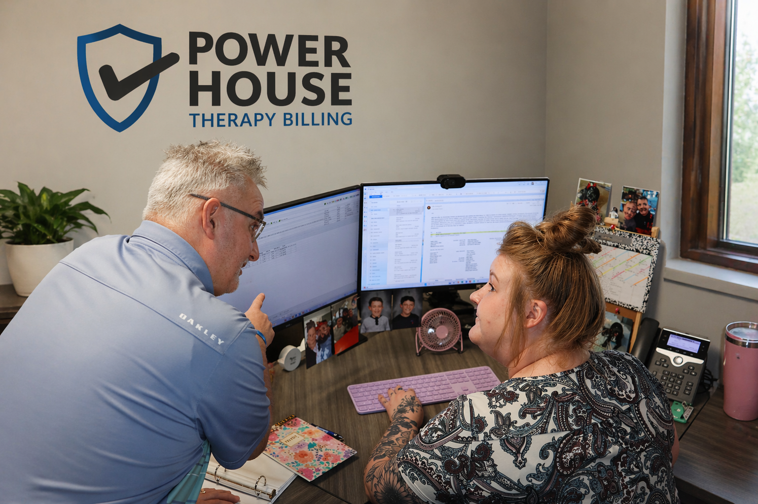 Two people talking at a home office desk with dual monitors and papers spread out.