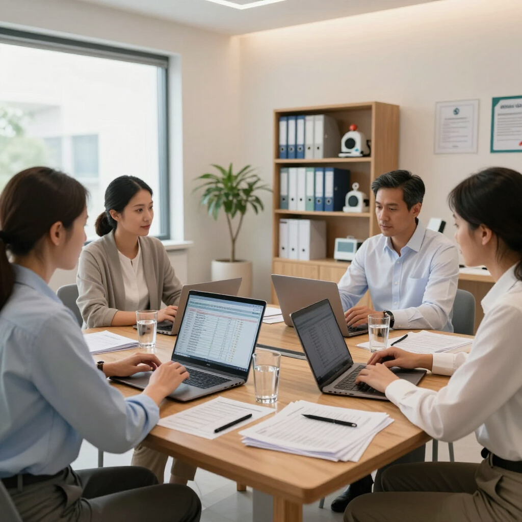 Small business team in a meeting room discussing documents around a laptop and table.