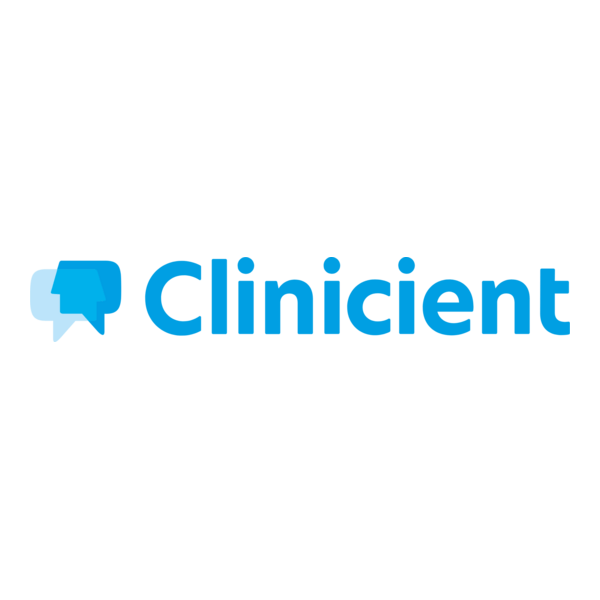Clinicient logo in blue with a speech bubble icon on a white background