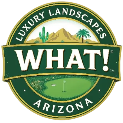 Luxury Landscapes Arizona logo with golf course, desert mountains, and large “WHAT!” text