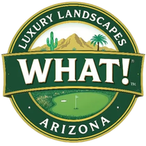 Luxury Landscapes Arizona logo with golf course, desert mountains, and large “WHAT!” text