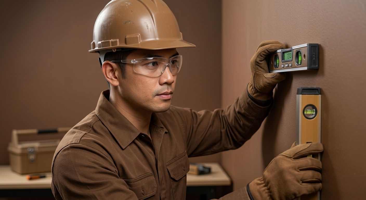 Worker in hard hat using a spirit level to check a post indoors.