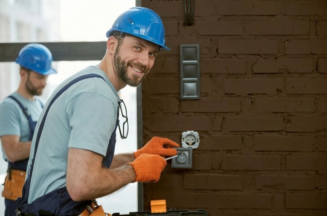 Two electricians in blue hard hats work on a brick wall, one smiling while holding a tool.
