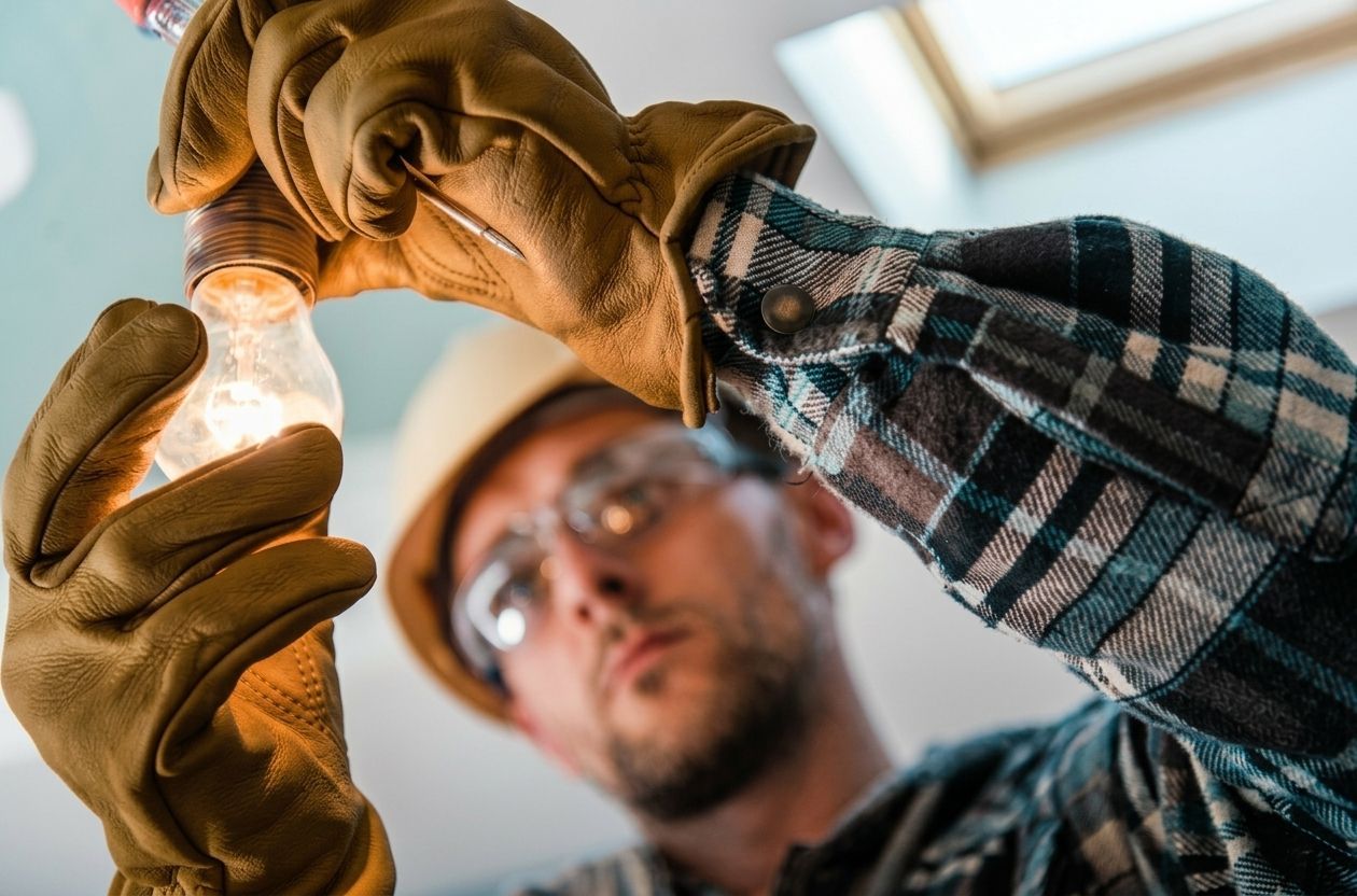Mechanic in gloves inspects a light bulb with a screwdriver in a workshop