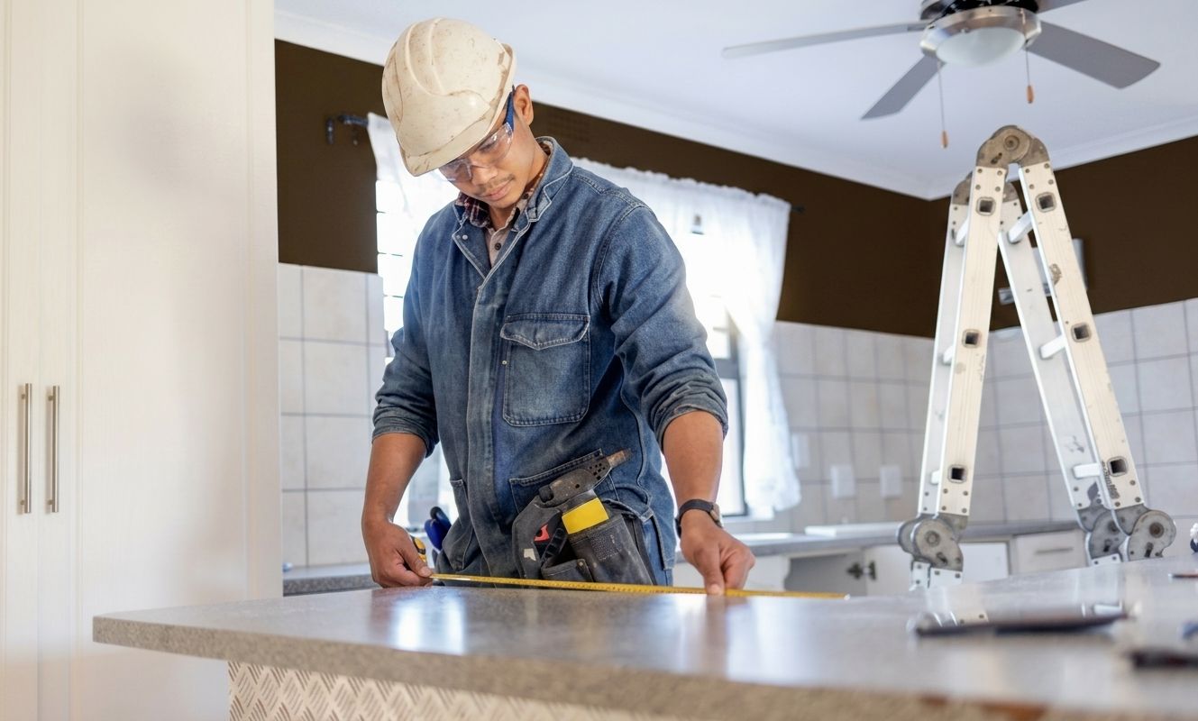 Worker in a hard hat using a power saw on a countertop during home renovation, with a step ladder nearby