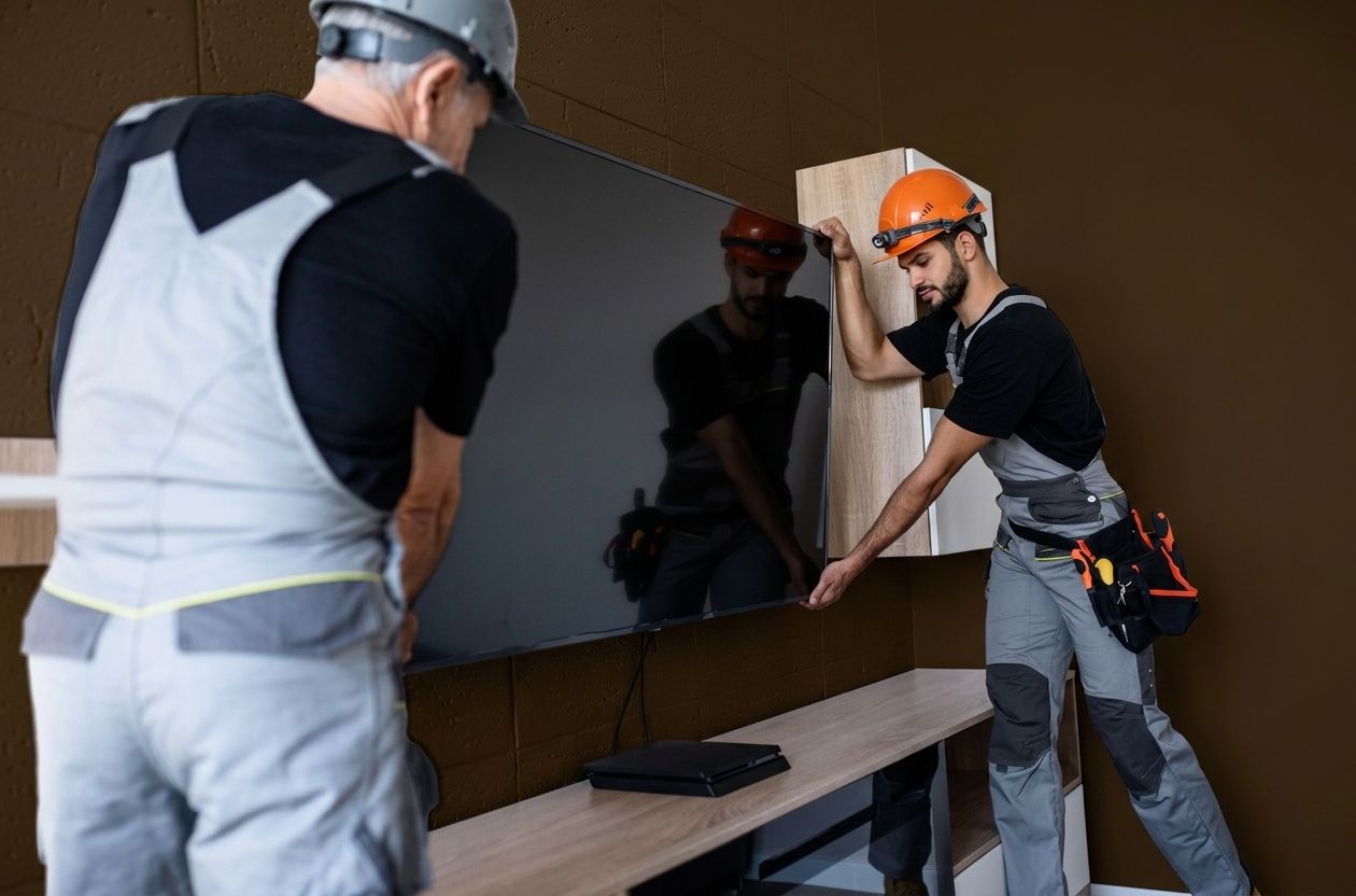 Workers installing a large mirror in a room, wearing hard hats and safety harnesses
