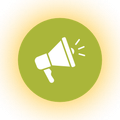 White megaphone icon on a green circle with yellow glow background
