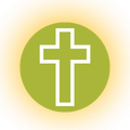 White cross on a green circle with a soft yellow glow