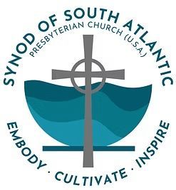 Synod of South Atlantic Presbyterian Church (U.S.A.) logo with cross and teal waves, “Embody. Cultivate. Inspire.”