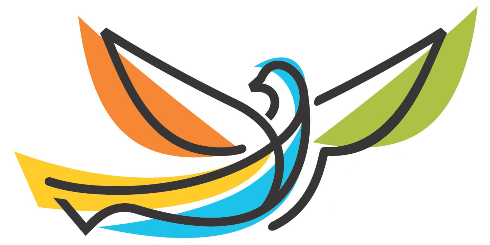 Abstract colorful bird logo with orange, yellow, blue, black, and green swooshes