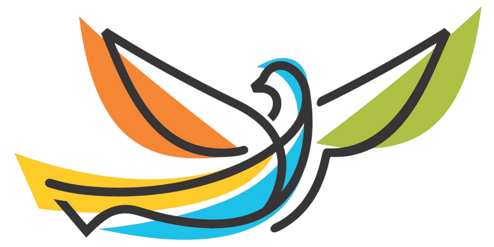 Stylized multicolor bird logo with orange, blue, yellow, black, and green accents