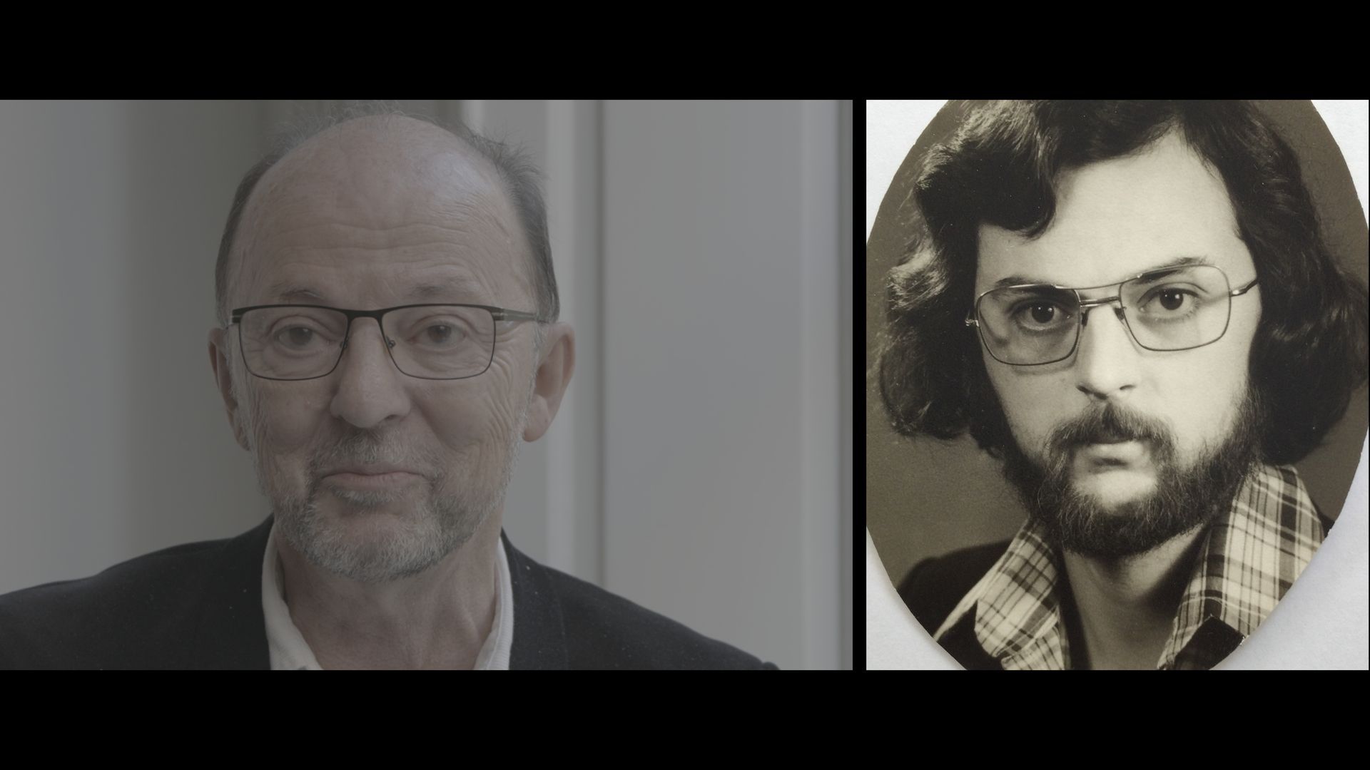 Side-by-side portraits of an older bald man, one in a modern photo and one in a vintage black-and-white image