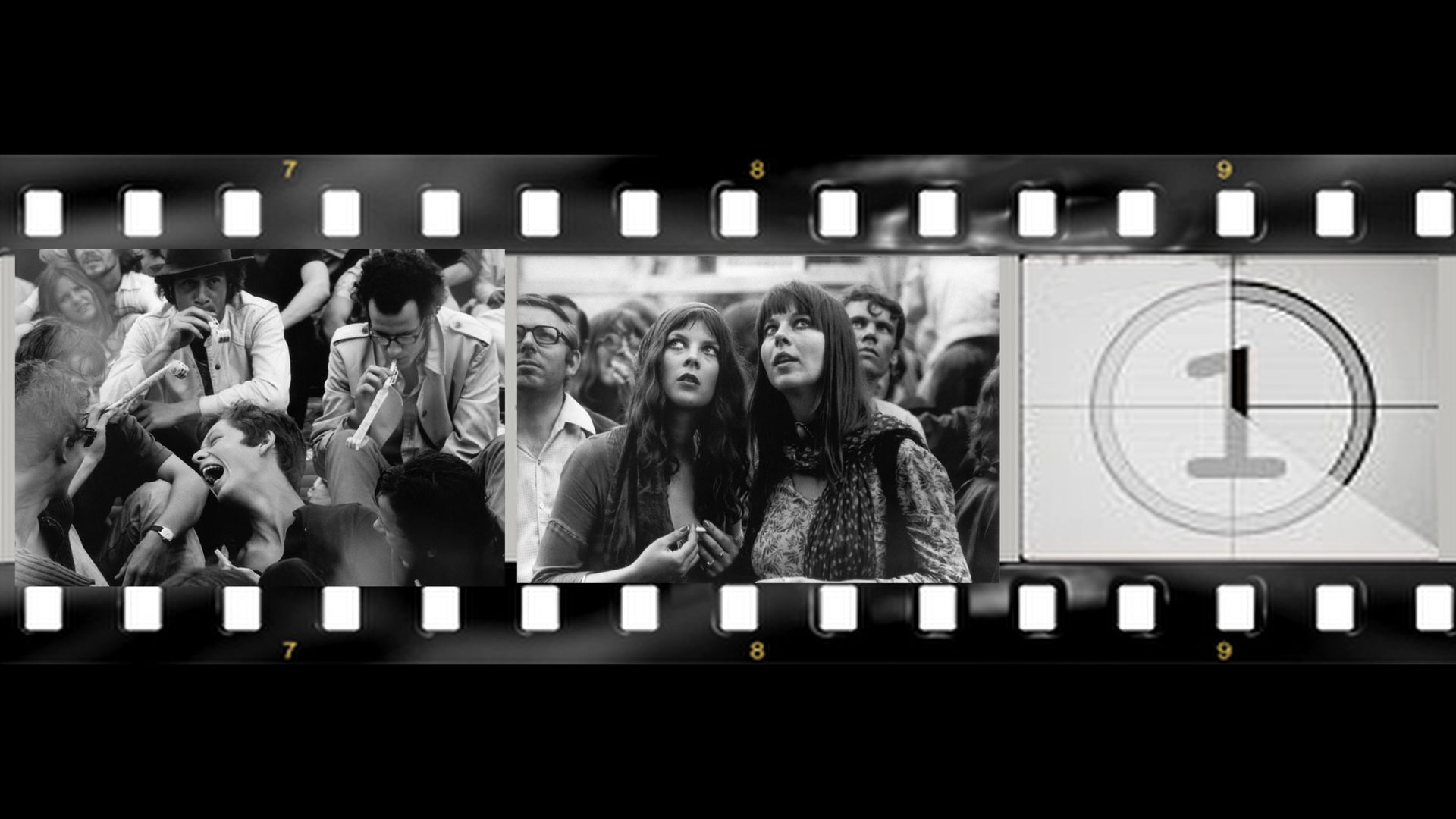 Black-and-white filmstrip with a crowd at a concert and a countdown frame showing the number 1