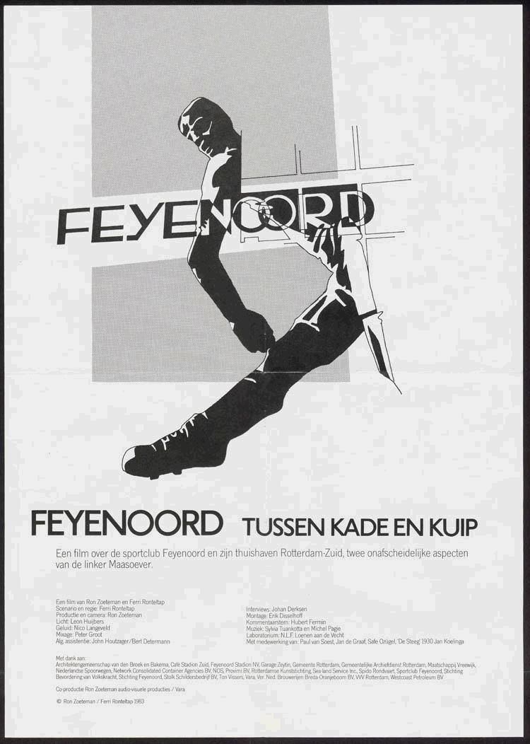 Black-and-white Feyenoord poster with a soccer player silhouette kicking through the logo and text below.