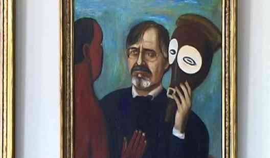 Painting of a solemn man holding a black-and-white mask beside his face against a blue background