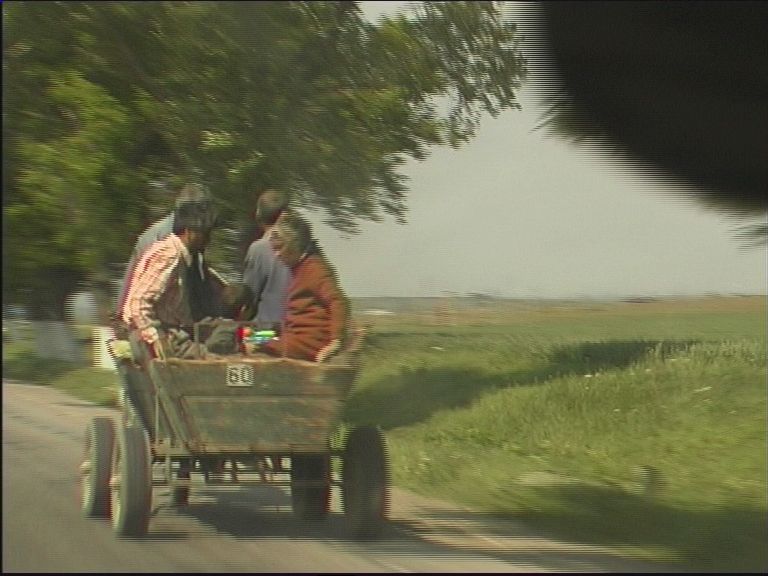 Two people riding in a small cart on a rural dirt road, with trees and open fields beside them.