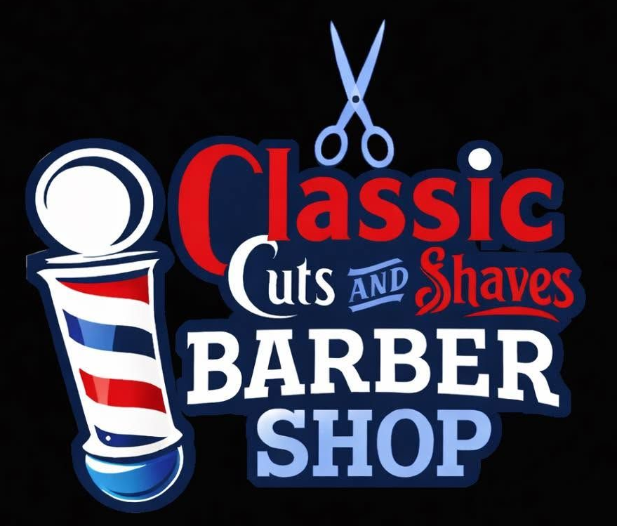 Classic Cuts and Shaves barber shop logo with blue-red striped pole, scissors, and white text on black background