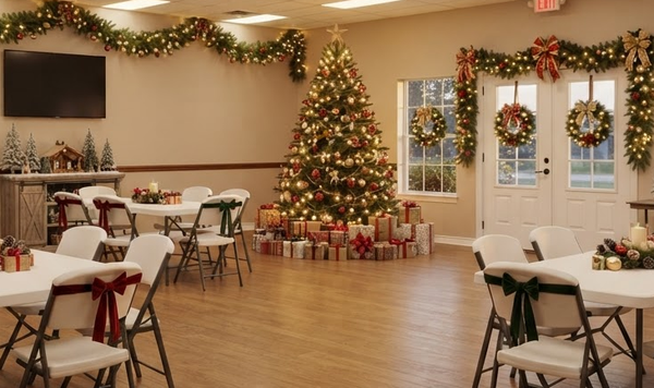 Meeting room with people seated at round tables during a group presentation, under bright ceiling lights.