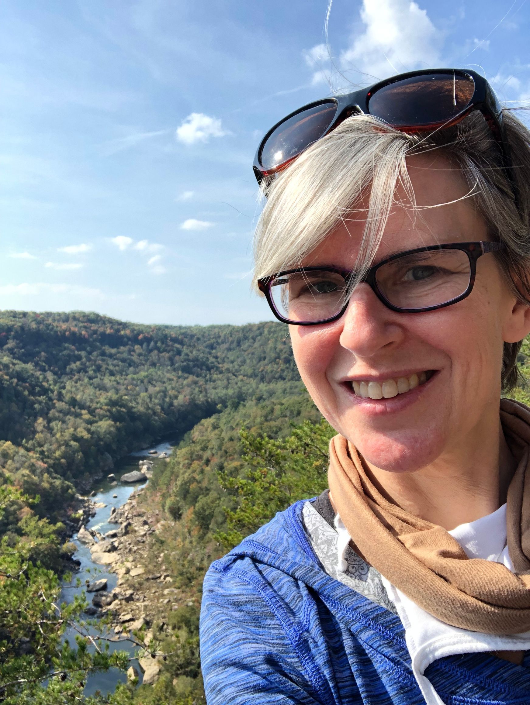Lisa Kammerud LMT wearing glasses, smiling, high above a river running through a forest. Represents healing journey or path