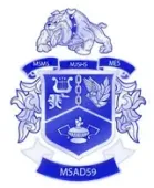 A blue coat of arms with a bulldog on top of it.