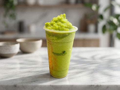 Green smoothie in a clear cup on a marble counter, with bowls blurred in the background