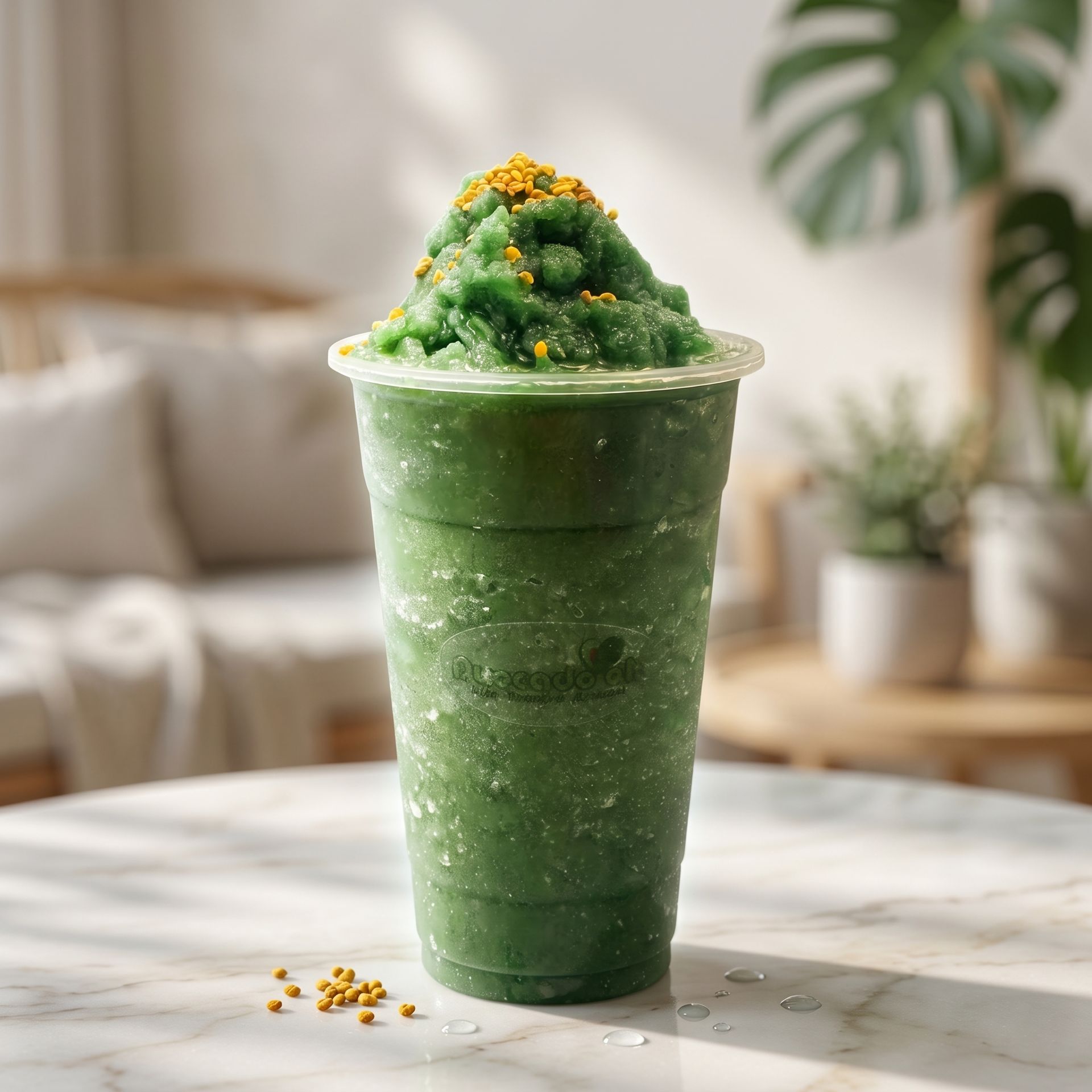 Green shaved ice in a clear plastic cup on a table, topped with yellow crumbs in a bright room