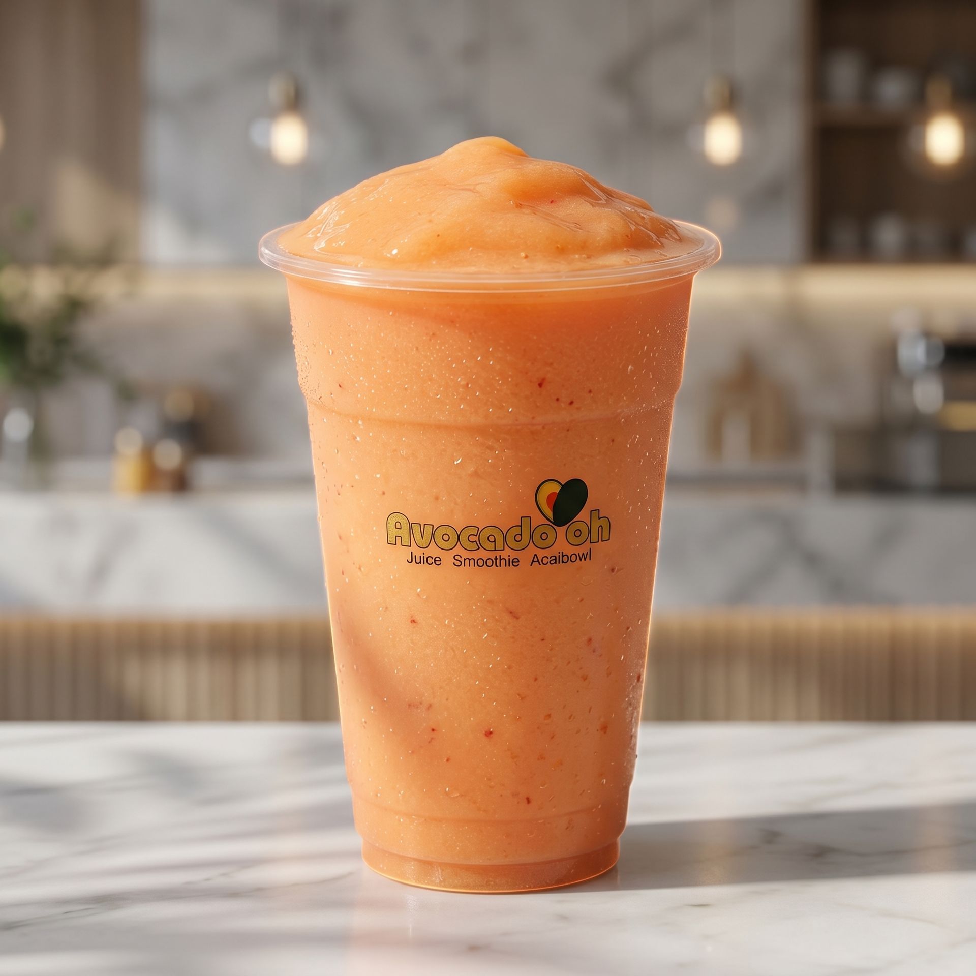 Tall orange smoothie in a clear cup on a marble counter, with a blurred café background