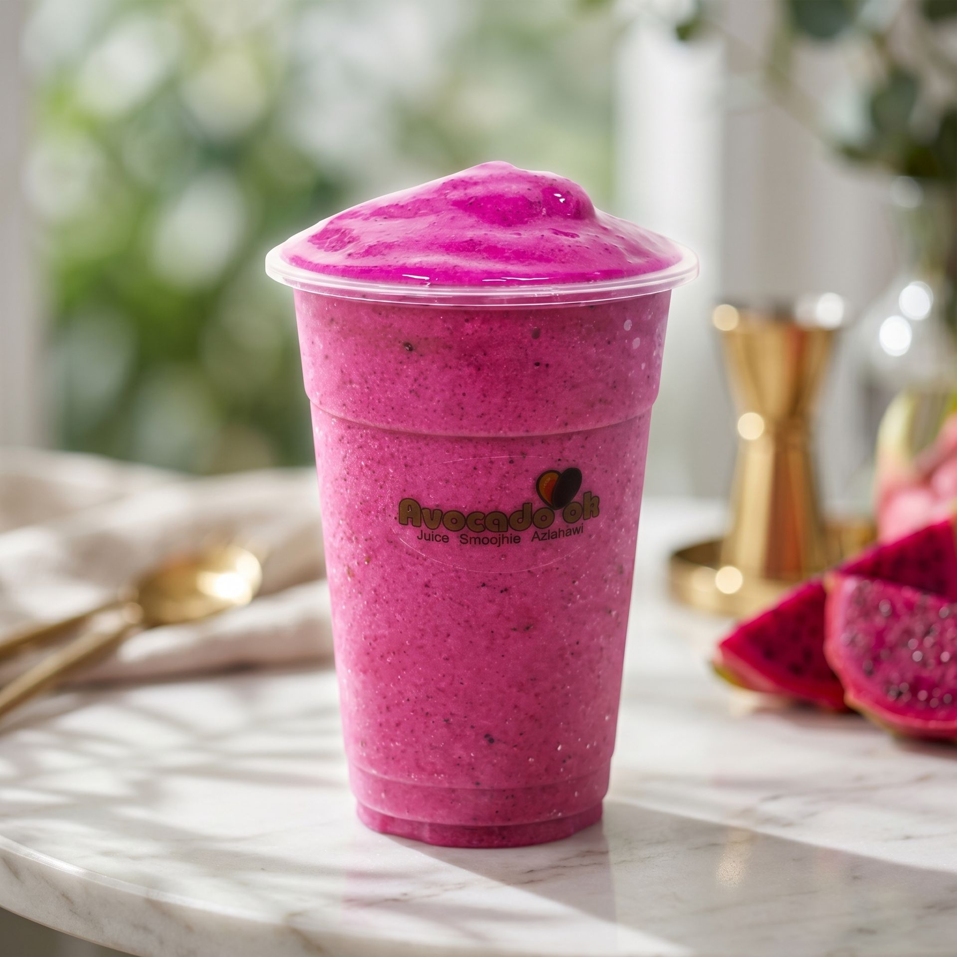Bright pink smoothie in a clear plastic cup on a sunlit marble table