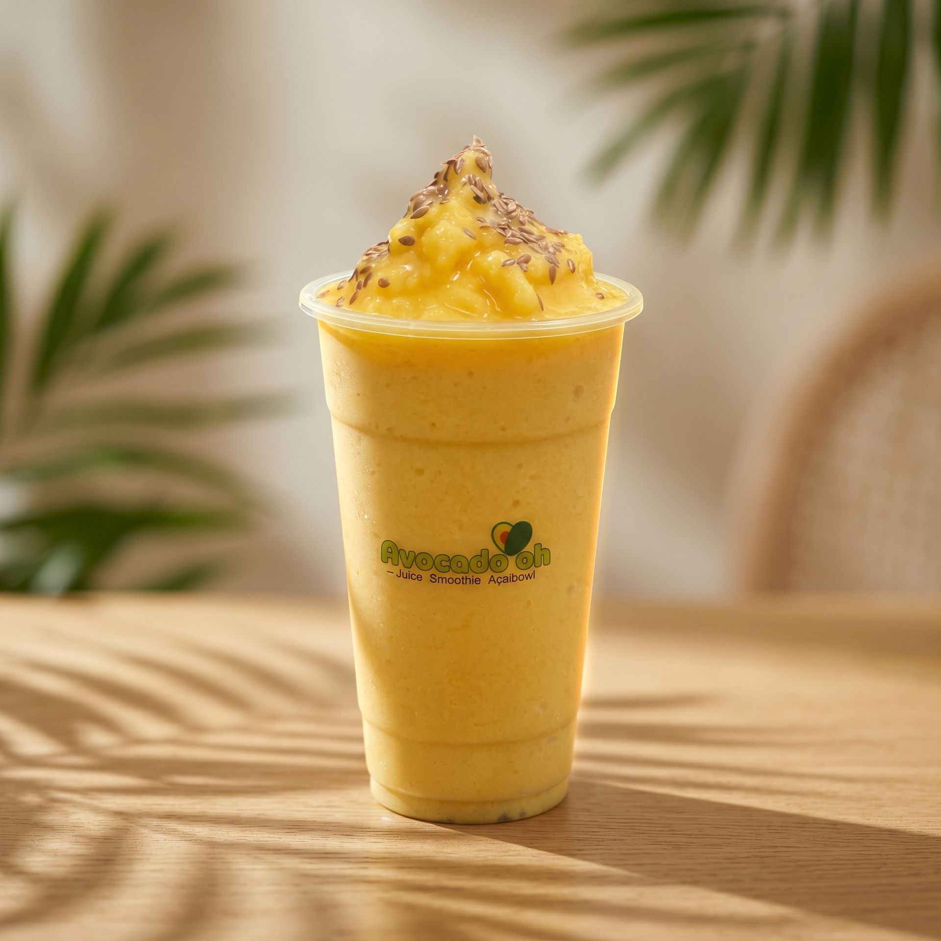 Yellow smoothie in a clear cup with whipped topping, set on a wooden table with tropical leaves in the background