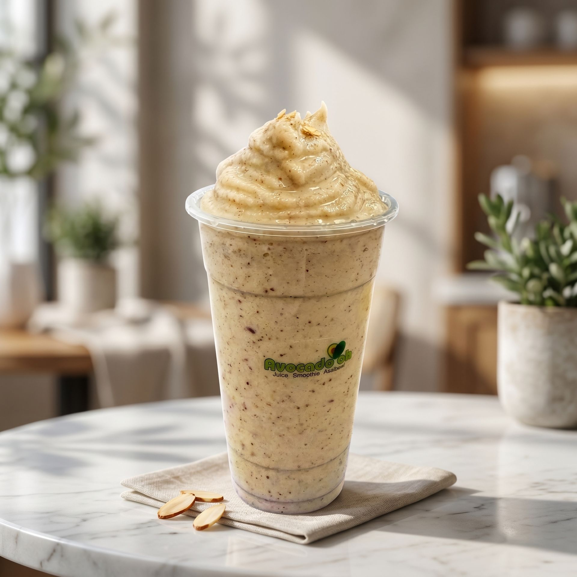 Iced creamy smoothie in a clear cup on a table, with mint garnish in a bright café setting