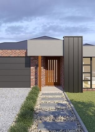 Modern house entrance with brick and grey facade, walkway, and front lawn — Twomey Homes in Delacombe, VIC