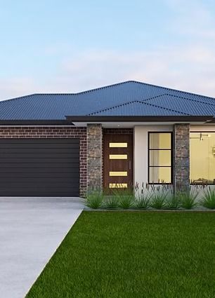 Modern single-story house exterior with dark roof, brick accents, garage, and green lawn — Twomey Homes in Delacombe, VIC